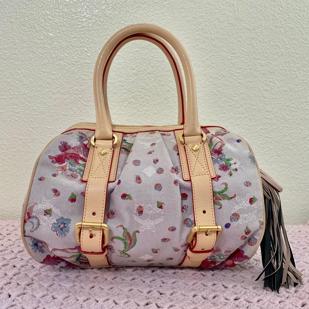 MCM Floral Linen Boston Hand Bag Authentic
